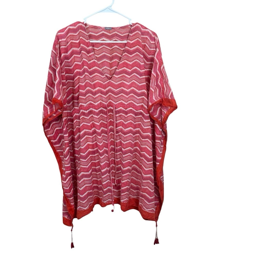 matta Womens Cotton Kaftan Poncho Tunic Coral Chevron Pom Pom Trim India